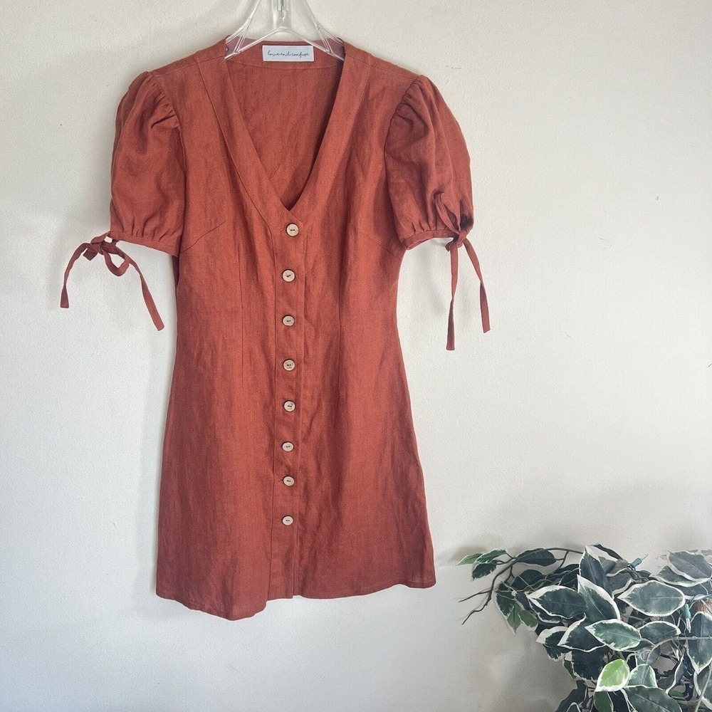 Love And Confuse Burnt Orange 100% Linen Mini Dress Button Front Puff Sleeves XS